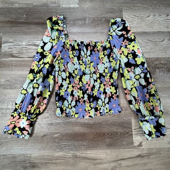 Free People Floral Smocked Puff Sleeve Top Multicolor Boho M - Picture 9 of 9